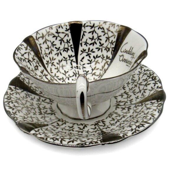 QUEEN ANNE Silver Lace Wedding Anniversary Cup And Saucer England Leaf Design - Picture 5 of 12